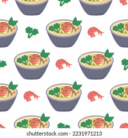 Soup with vegetables and seafood seamless pattern. Asiafood background vector illustration. Traditional Japanese shrimp soup print for textiles, packaging and paper