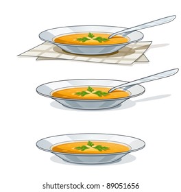 soup in white plate with spoon vector illustration isolated on background