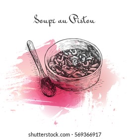 Soupe au Pistou watercolor effect illustration. Vector illustration of French cuisine. 