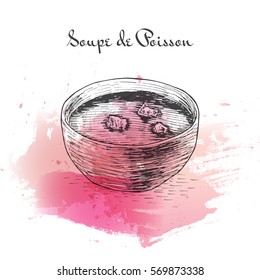 Soupe de Poisson  watercolor effect illustration. Vector illustration of French cuisine.