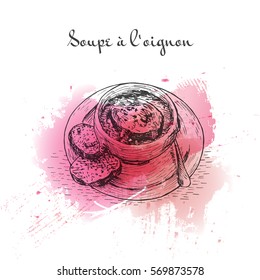 Soupe à l'Oignon watercolor effect illustration. Vector illustration of French cuisine.