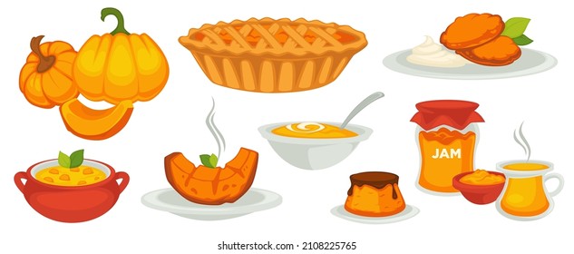 Soups and porridge, baked and boiled pumpkin served at home or restaurant. Cake and jam, puree and vegan dishes. Healthy eating and dieting, vegetarian menu meals in autumn. Vector in flat style