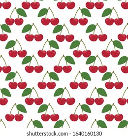 Sour cherries seamless pattern vector. Illustration of a hand drawing with red and green colors on isolated white background. For fabric, cloth, backdrop, wrapping paper, Printable eps 10 format.