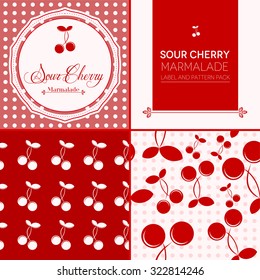 Sour Cherry jam collection. Jam label with seamless patterns