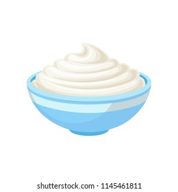 Sour cream in a bowl, healthy fresh dairy product vector Illustration on a white background