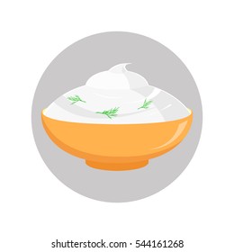 Sour cream in bowl isolated on white. Vector illustration, eps10.