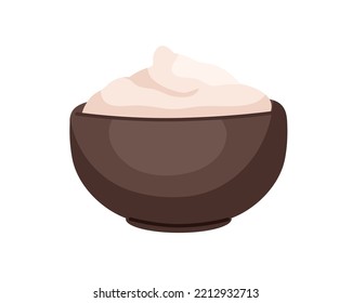 Sour cream in bowl. Mayonnaise, home made creamy sauce in dish. Greek yogurt, dairy mousse. Smooth homemade yoghurt in pot. Flat vector illustration isolated on white background