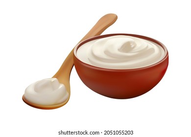 Sour cream in a bowl next to a wooden spoon. 3D vector graphics