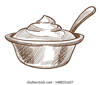 Sour cream in bowl with spoon isolated sketch, dairy product vector. Dish seasoning, milky taste, cow milk ingredient, cooking. Nutrition and healthy food, nutrition, agriculture and farming