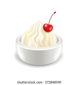 Sour cream with cherry isolated on white photo-realistic vector illustration