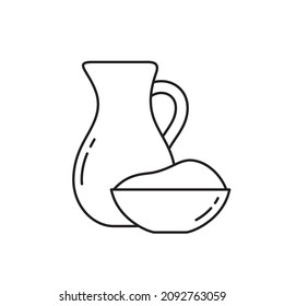 Sour cream or cottage cheese, linear icon. Jug of milk and bowl of dairy product. Outline simple vector. Contour isolated pictogram on white background