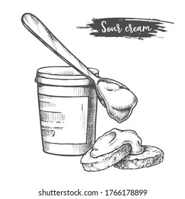 Sour cream, dairy product sketch, milk food vector illustration. Sour cream in plastic jar, hand drawn pencil sketch in black and white hatching, farm dairy products, healthy natural food