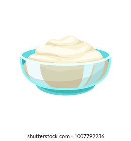 Sour cream in a glass bowl, dairy product cartoon vector Illustration