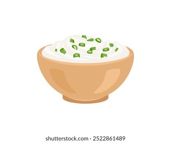 Crema agria con cebollas verdes en un tazón. Ilustración plana de dibujos animados de Vector.