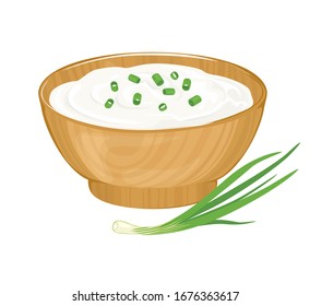 Sour cream with green onions in  wooden bowl isolated on white background. Vector food illustration in cartoon flat style.