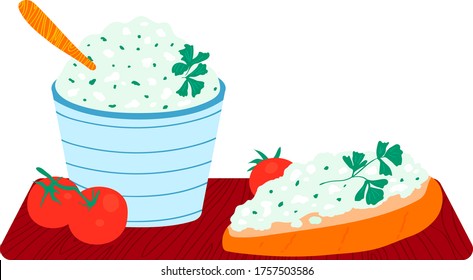 Sour cream with herb, breakfast palatable toast bread concept isolated on white, cartoon vector illustration. Healthy vegetable tomato, pot milk butter and caloric foodstuff kitchen board.