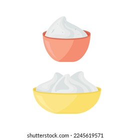 Sour cream, mayonnaise in a plate. Vector set in flat style
