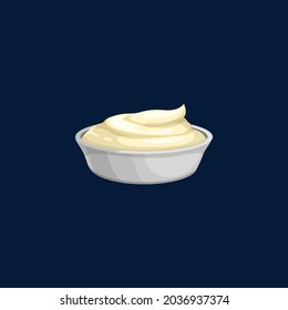 Sour cream, mayonnaise or yogurt in bowl isolated icon. Vector dairy food or barbeque spicy sauce, dip plate with whipped homemade sauce, portion of tartar appetizer or melted cheese, food condiment