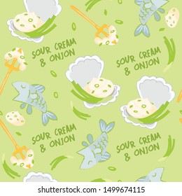 Sour cream, onion and seafood elements seamless pattern isolated on pastel background : Vector Illustration