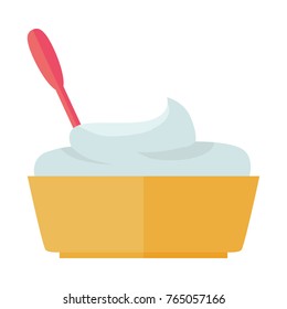 Sour cream in orange plate with red spoon vector. Flat design. Fresh dairy product. Natural and healthy nutrition. For food concept, diet infographic, milk production ad. Isolated on white background