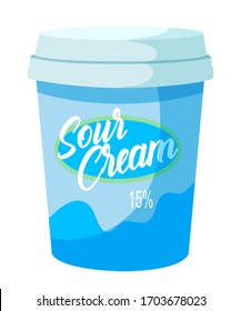 Sour cream in packaging isolated on white background. Daily product with fifteen percent fat content in plastic container. Fresh natural, organic quality whig. Healthy milk food for sale