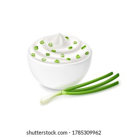 Sour cream sauce and green onion flavored, in white bowl, tartar, yogurt, mayonnaise. Tasty food.