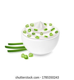 Sour cream sauce and green onion flavored, in white bowl, tartar, yogurt, mayonnaise. Tasty food.