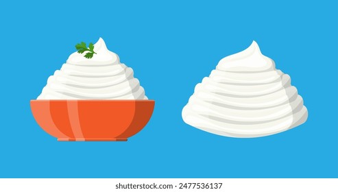 Sour cream sauce or mayonnaise with green parsley in bowl. Dairy milk product. Organic healthy product. Vector illustration in flat style