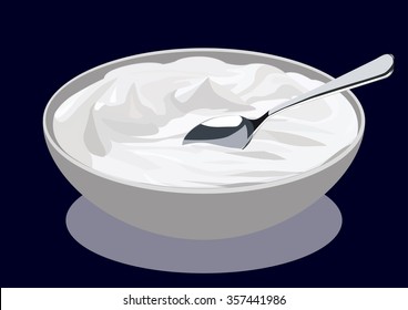 Sour cream in a saucer with a silver spoon, vector illustration, isolated on dark blue