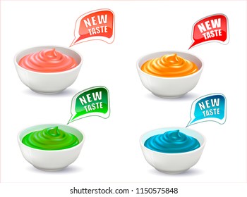 Sour Cream, Sauce.Vector realistic image of sauce in a white plate.