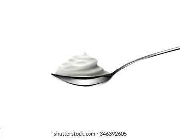 Sour cream in spoon on white background. Vector illustration can be use as advertising cheese, dairy products, healthy food.