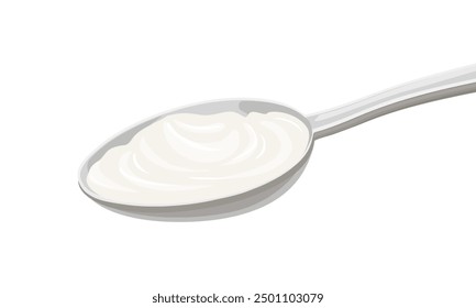 Crema agria o yogur en cuchara. Ilustración plana de dibujos animados de Vector.