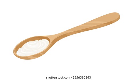 Sour cream or yoghurt in wooden spoon isolated on white background. Vector cartoon flat illustration.