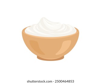 Crema agria o yogur en un tazón aislado sobre fondo blanco. Ilustración plana de dibujos animados de Vector.