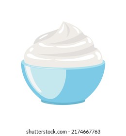 Sour Cream, Yogurt, Sauce Or Whipped Cream In Blue Ceramic Bowl, Side View, Vector Illustration On White Background