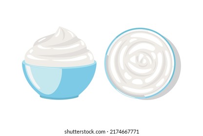 Sour Cream, Yogurt, Sauce Or Whipped Cream In Blue Ceramic Bowl, Top And Side View, Vector Illustration On White Background