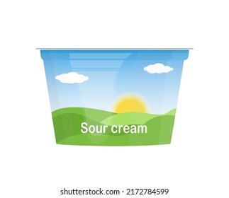Sour cream, yogurt, soft or cottage cheese plastic or cardboard jar container, packaging with farm label, cartoon style vector illustration isolated on white background