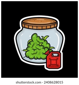 Sour Diesel Flavor With Cartoon Mascot of Weed Bud On Jar. For Sticker and label. Vector and Illustration.