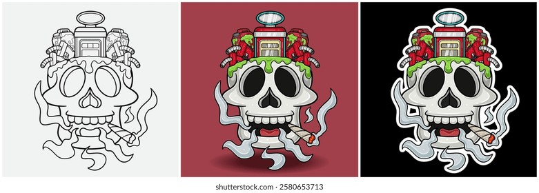 Sour Diesel Inside Skull Head With Smoking Character Cartoon. Black White, Colorful and Sticker Style. For T shirt print, Brand Logo, Label and Mascot product. Vectors Illustrations