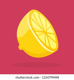Sour half of a lemon on a red background. Friendly isolated vector illustration. Cartoon hand drawn style. Bright colors. Yellow lemon cut in the half illustration.