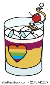 Sour layered cocktail with rainbow LGBT equality flag colors heart. For gay bar diversity pride party invitations, cards or stickers. Doodle cartoon illustration isolated on white