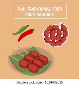 sour sausage, Thai traditional street food vector 