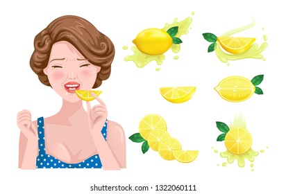 sour taste of beautiful girls face eating lemon. She feels sour. Saliva in the mouth and face showing emotions, design flavors, icons of yellow lemon and lemon juice. Vector illustration. 