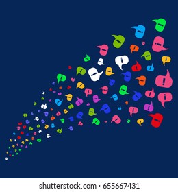 Source of about icons. Vector illustration style is flat bright multicolored about iconic symbols on a blue background. Object salute created from scattered pictographs.