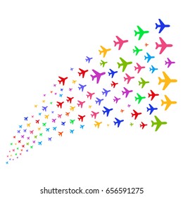 Source of air plane icons. Vector illustration style is flat bright multicolored iconic air plane symbols on a white background. Object fountain combined from icons.