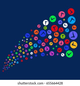 Source of apply symbols. Vector illustration style is flat bright multicolored apply iconic symbols on a blue background. Object source combined from confetti design elements.