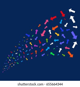 Source of arrow icons. Vector illustration style is flat bright multicolored arrow iconic symbols on a blue background. Object fountain constructed from random pictographs.