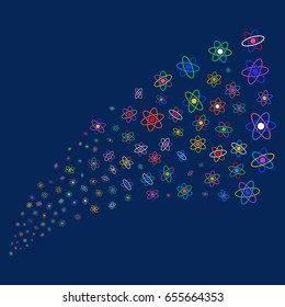 Source of atom icons. Vector illustration style is flat bright multicolored atom iconic symbols on a blue background. Object source constructed from scattered design elements.
