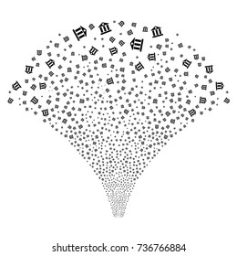 Source of bank building symbols. Vector illustration style is flat black iconic symbols on a white background. Object fountain made from scattered design elements.
