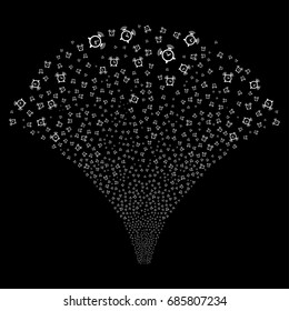 Source of buzzer icons. Vector illustration style is flat white iconic symbols on a black background. Object salute constructed from scattered icons.